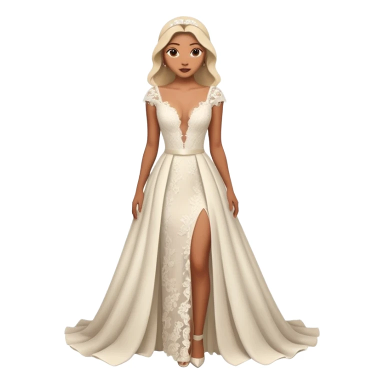 A modern lace wedding gown with a deep plunging neckline, cap sleeves, and a flowing skirt featuring two high front slits for a bold and romantic look.
 sticker