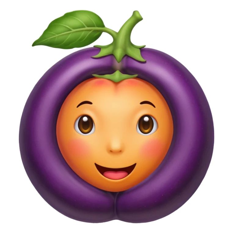 an eggplant peeking out from a peach, fun and colorful, emoji style sticker