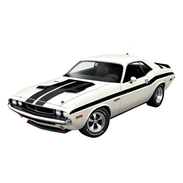 White 1971 Dodge Challenger muscle car with black racing stripes, minimalist style, vintage American muscle car, similar to the one from Death Proof movie sticker