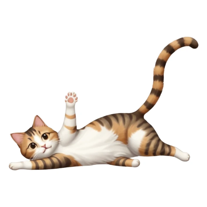 brown tabby and white cat with doing a big extremely long stretch reaching up into the air with arms and legs side by side together straight and overextended whilst lying on its side sticker