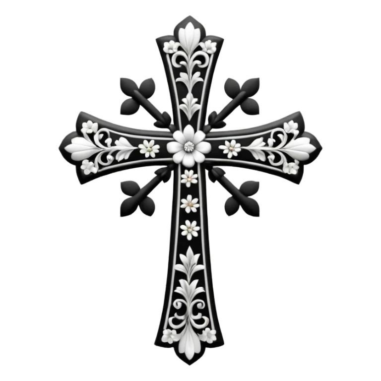 a black and white detailed cross with black and white flower sticker