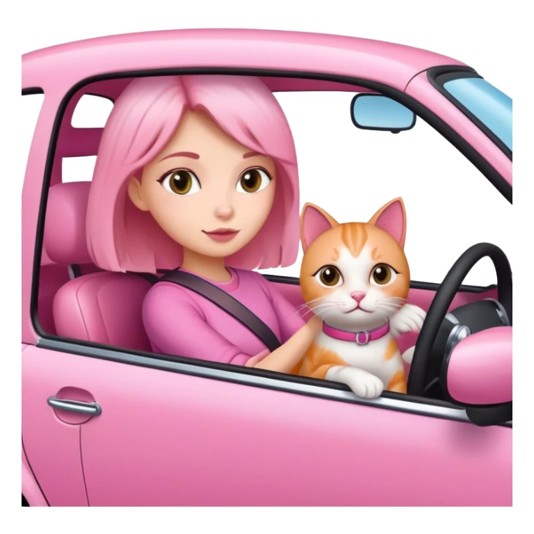 Girl driving a pink car with her cat sticker