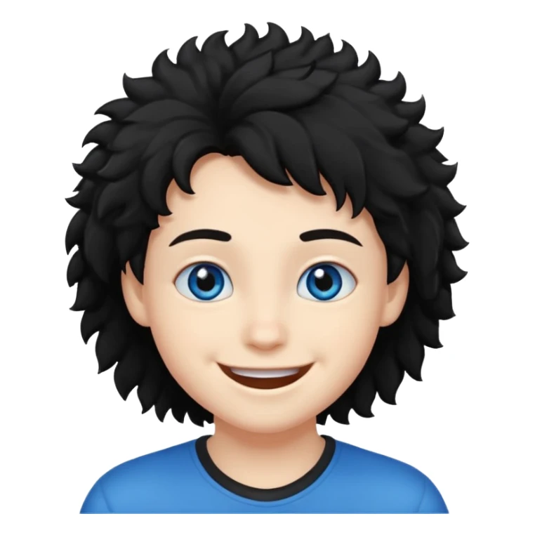 young face, blue eyes, black fluffy hair, smile sticker