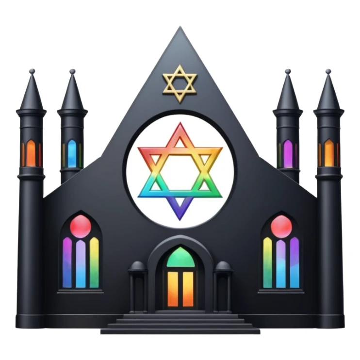 jewish synagogue temple in dark goth aesthetic style with black building and very light tint glass windows that are rainbow if looked at together. and star of david and celestial symbolism sticker