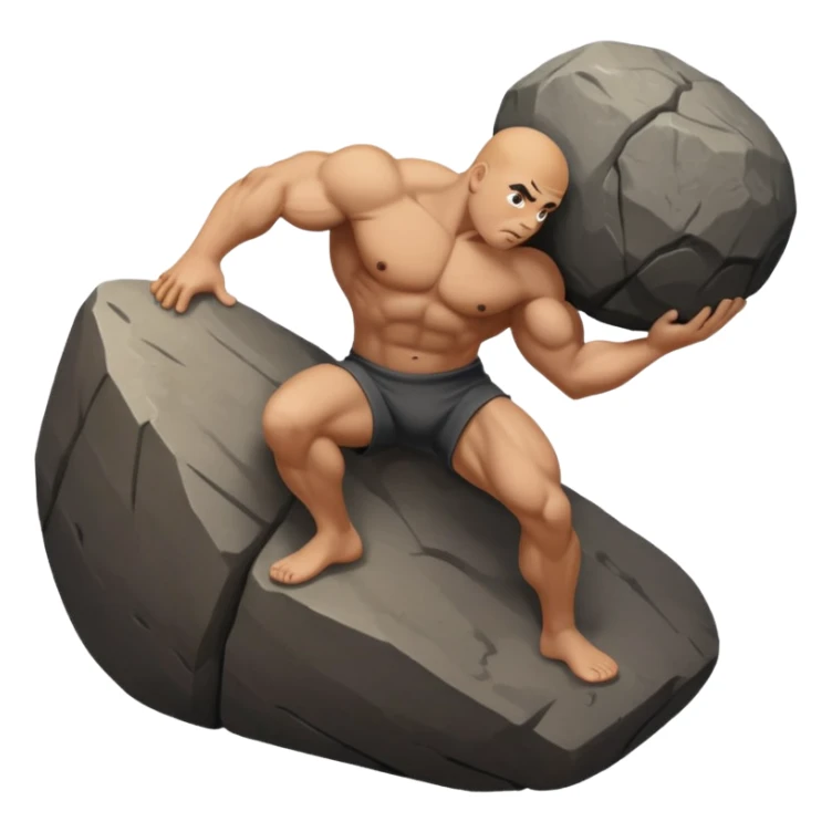 Sisyphus straining with a boulder on a steep slope, emoji style sticker