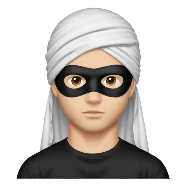 a man in a black cloth mask that completely covers his face and entire head, wearing a white T-shirt sticker