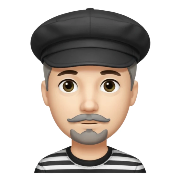 White Man with a dark grey goatee and a black newsboy cap. He is wearing a black and white striped shirt. He has dark black eyeliner  sticker