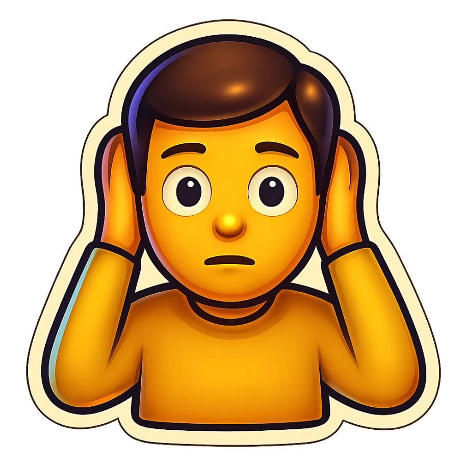 Create an emoji of a man covering his ears, in the same pose and style as the monkey in the reference image, with a transparent background. sticker