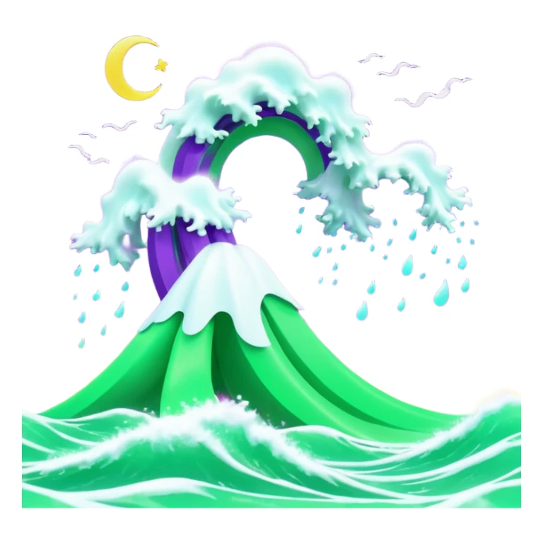 3D render of Tsunami, miniature weather phenomenon, volumetric particle effects, wavy glowing neon green and purple ribbons in the sky, elemental energy, emoji style, isolated on white background --v 6.0. sticker