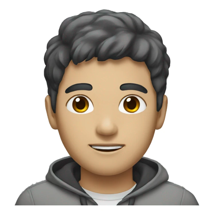 person with gray sweatshift and black hair sticker