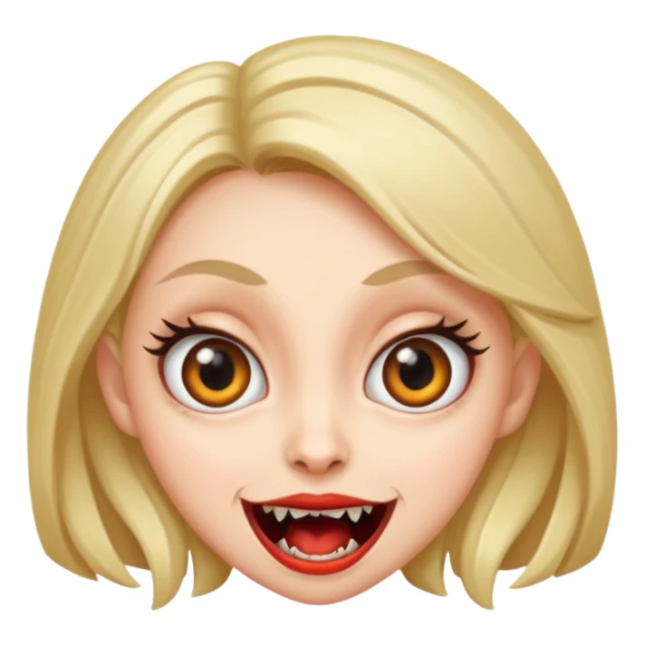 scary cute woman emoji, big eyes, fangs, playful expression sticker