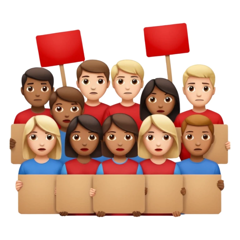 a crowd of people with unhappy faces and holding placards on which everything is crossed out in red sticker