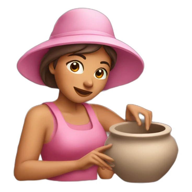 Woman in pink hat making pottery sticker