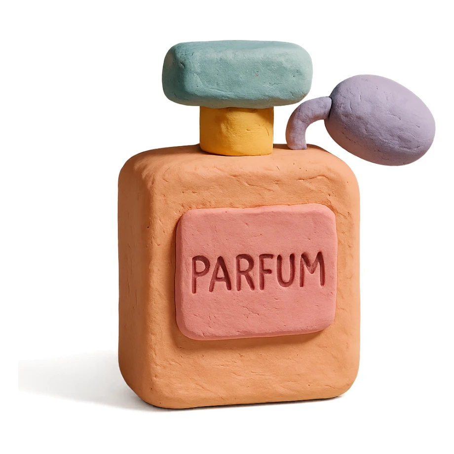perfume bottle, claymation style, pastel colors, visible fingerprints, playful sticker