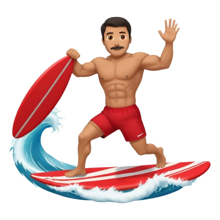 50 year old, muscular, dark haired, tan, red shorts man riding a big wave sticker