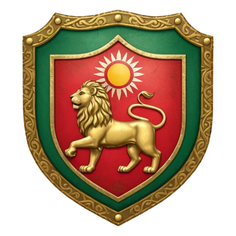 rectangular shield with the flag of Iran, with a lion and a sun sticker