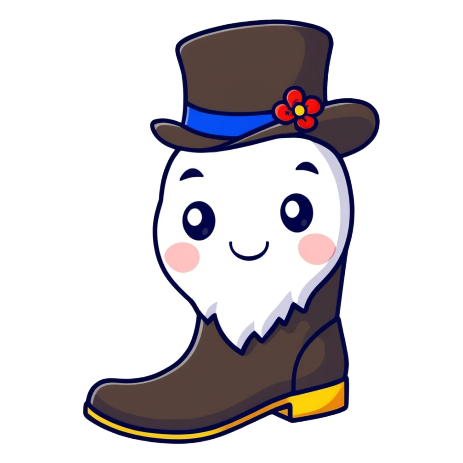 A cheerful Russian felt boot (valenok) wearing a fancy top hat sticker