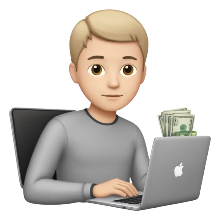 man with short hair with laptop and money sticker