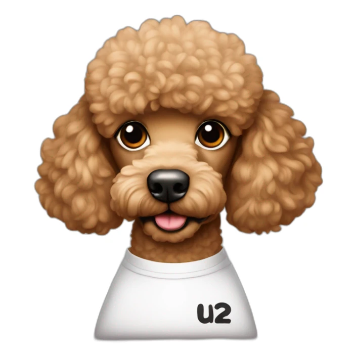 Light brown poodle wearing a t-shirt with the text U2 sticker