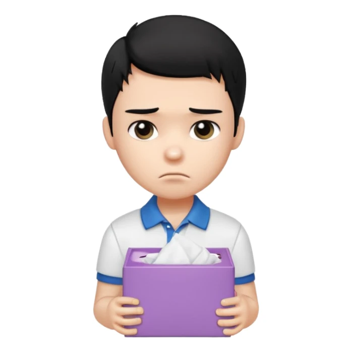 generate a pretty bratz boy with black hair, wearing a white polo shirt. Looking sad, holding a box of tissues sticker