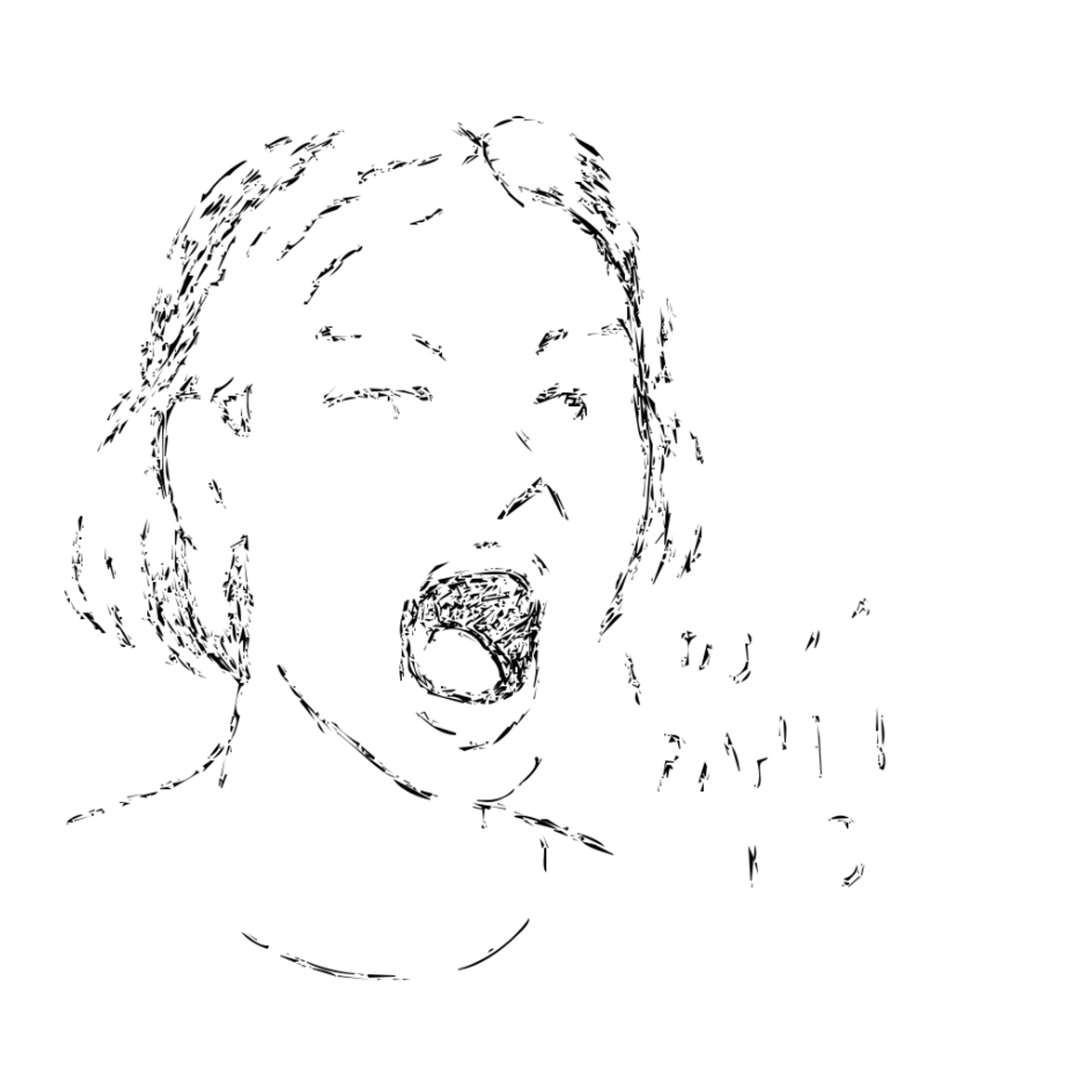 A hand-drawn outlined character with hazel-green almond eyes, wide eyebrows, brunette with white front strands, plump lips, chin dimple, square face, high cheekbones, small nose, shouting 'атрофированный мозг' sticker
