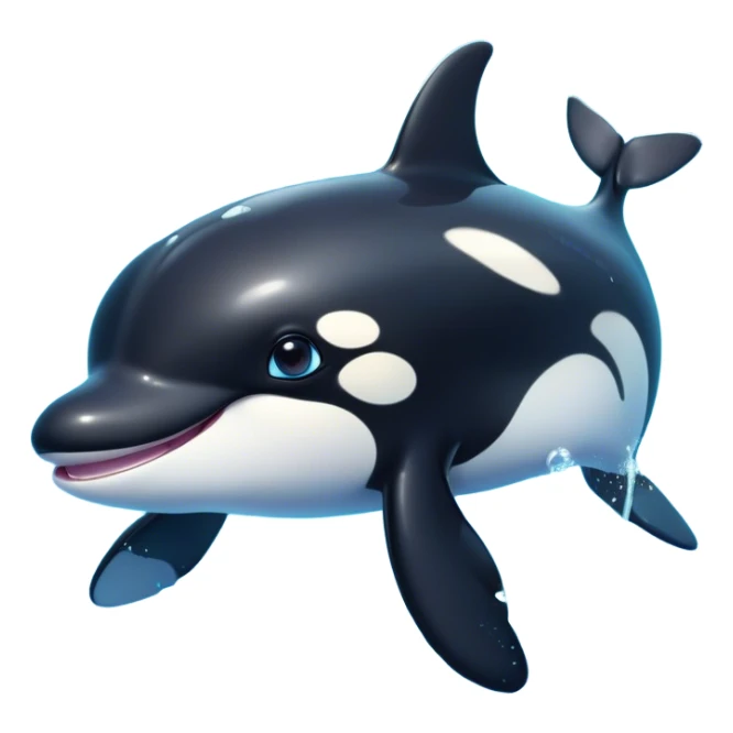 Cinematic Cute orca Portrait Emoji, Head tilted playfully and inquisitively, featuring a smoothly rounded body with bright, sparkling eyes and an adorable, friendly smile, Simplified yet irresistibly adorable features, highly detailed, glowing with a warm, ocean-blue glow, high shine, affectionate and lively, stylized with a touch of whimsical aquatic charm, soft glowing outline, capturing the essence of a mischievous yet endearing orca that seems as if it could leap right into your heart! sticker