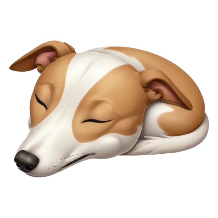 Meme-Worthy Cute Sleeping White and Brown Greyhound Portrait Emoji, Head resting peacefully with a contented smile, showcasing a lean, graceful build and a luxuriously smooth Fur of white with brown accents, eyes shut in a serene nap, Simplified yet hilariously adorable features, highly detailed, glowing with a soft, drowsy light, high shine, relaxed and utterly lovable, stylized with an air of playful laziness, bright and heartwarming, soft glowing outline, capturing the essence of a comically sleepy racer, so meme-worthy it feels like it could instantly become the next viral sensation of adorable slumber! sticker