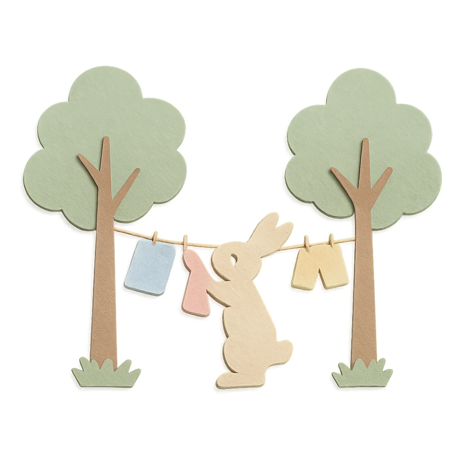 a bunny hanging laundry between trees, calming domestic forest feel, soft pastel colors sticker
