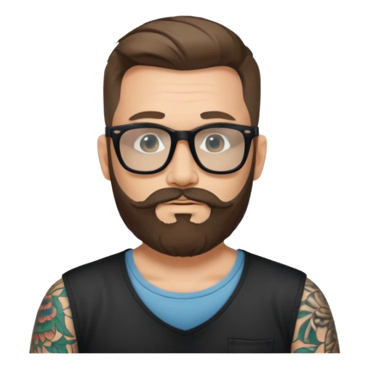 Svelte looking redhead man with sleeve tattoos and a beard and rayban glasses, 38 years old but younger looking sticker