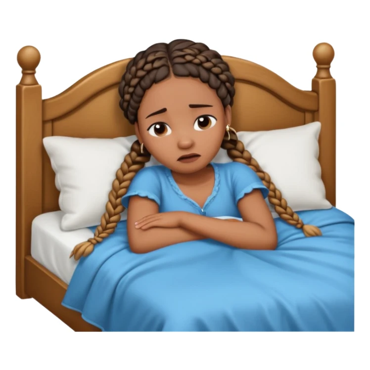 Black woman with braids in a big king size bed on one side by herself crying sticker