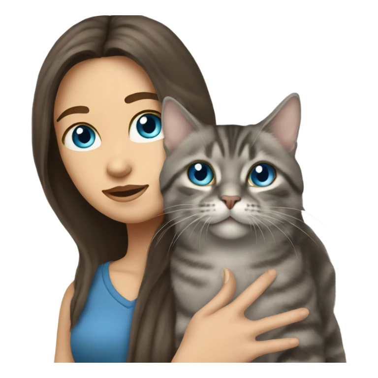 long haired brunette girl with blue eyes holding grey tabby cat sticker