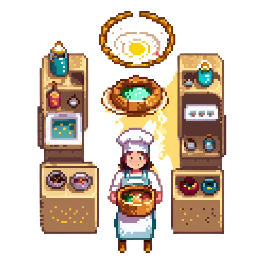 A divine baker surrounded by floating utensils, radiant ingredients, and a halo of light. The oven levitates, powered by pure energy. UI resembles clouds, golden rays, and ethereal scrolls—like a heavenly recipe interface. sticker
