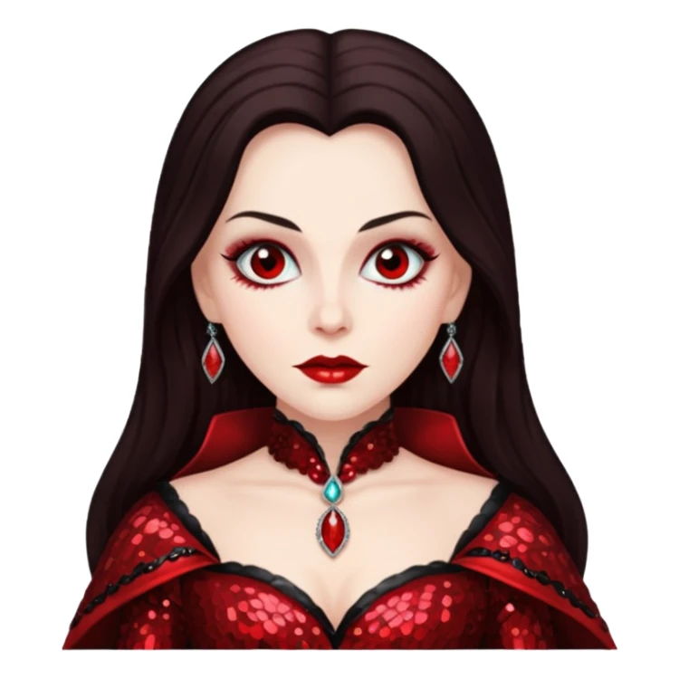 Countess Dracula with long dark brown hair, red sequin outfit  sticker