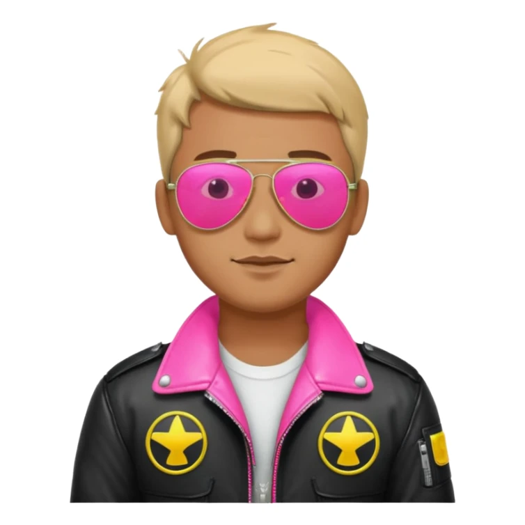 1980s man wearing reflective neon pink aviator sunglasses and a pilot jacket sticker