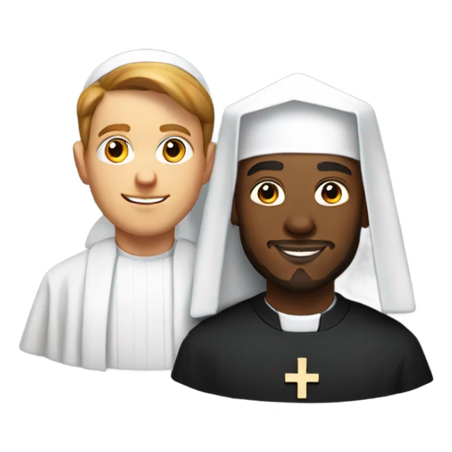 a young caucasian priest with a reddish beard and an african american nun side by side sticker