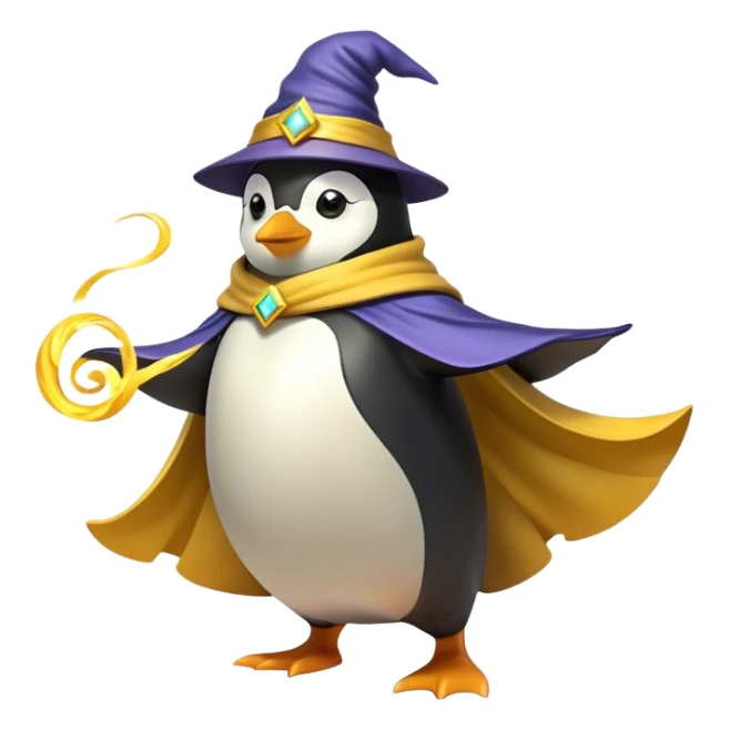 "A wizard penguin with a yellow hat and a long, flowing cape. The penguin is floating slightly above the ground, surrounded by swirling magical energy and glowing runes in the airyellow wizard hat sticker