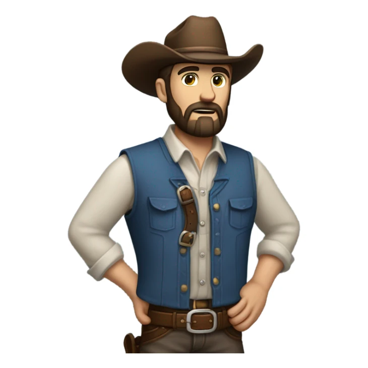 a rugged cowboy with a thick beard, wearing a blue vest over a classic western shirt and a brown belt with a silver buckle. He should have a confident stance, exuding a strong and adventurous frontier spirit. sticker