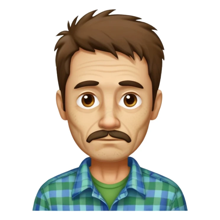 Skinny Hispanic man, 55 years old with light skin. Gaunt face with visible bone structure. Messy, tousled brown hair. Patchy brown beard that needs trimming. Tired eyes. Wearing an oversized green and blue checkered shirt on his thin frame. sticker