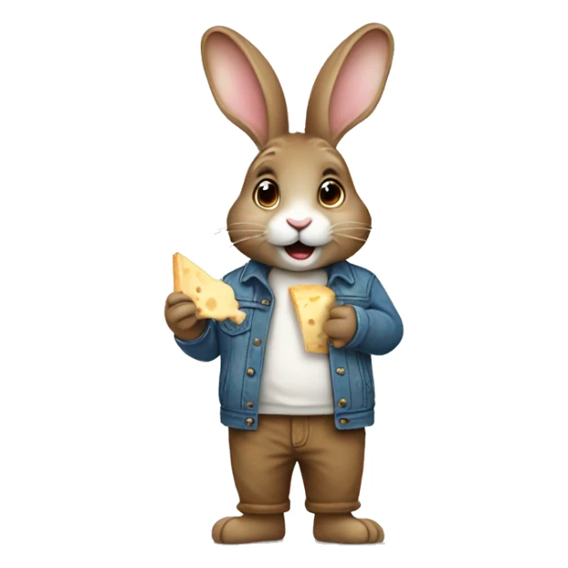 Cute rabbit: a brown rabbit wearing a jeans jacket. Eating a gorgonzola cheese sticker