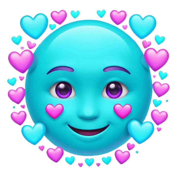 futuristic glowing emoji face smiling with floating neon hearts, purple and cyan holographic light, dark background sticker