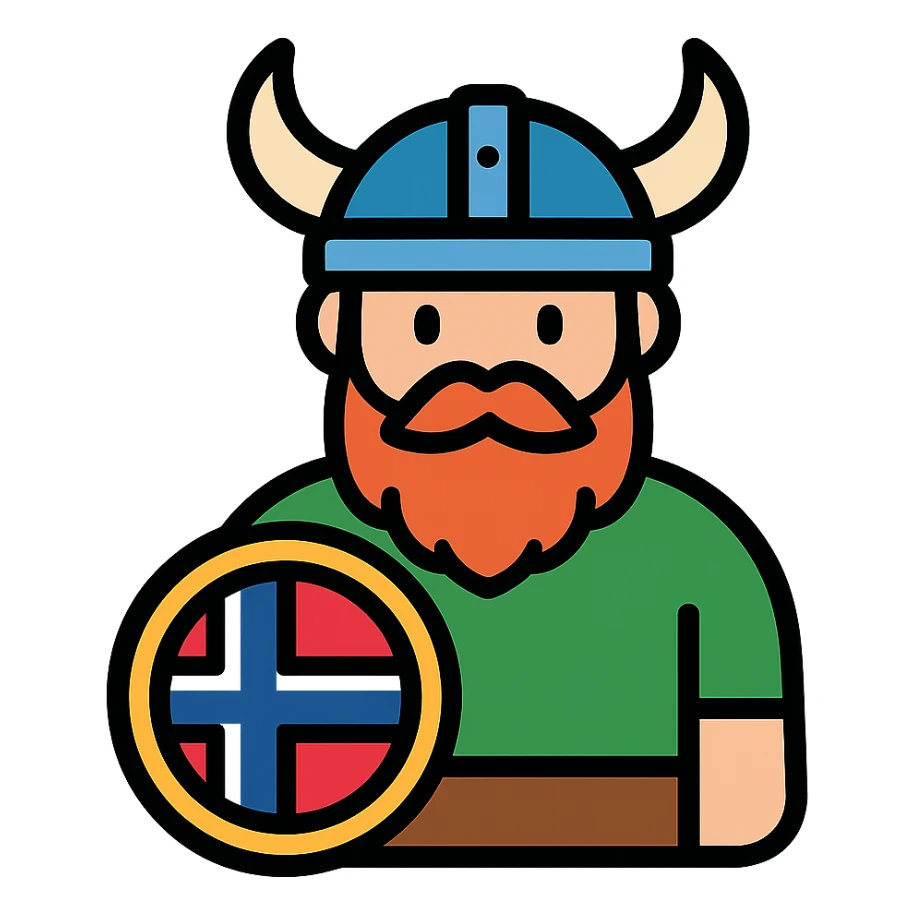 Norwegian Viking with red beard and helmet with horns. Holds a round shield with Norwegian pattern sticker