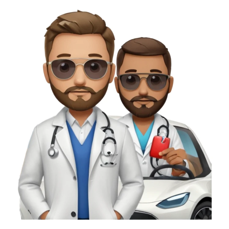 White tesla model 3 and one cool physician with dark blond hair, beard, stetoscope and dark sunglasses next to it sticker