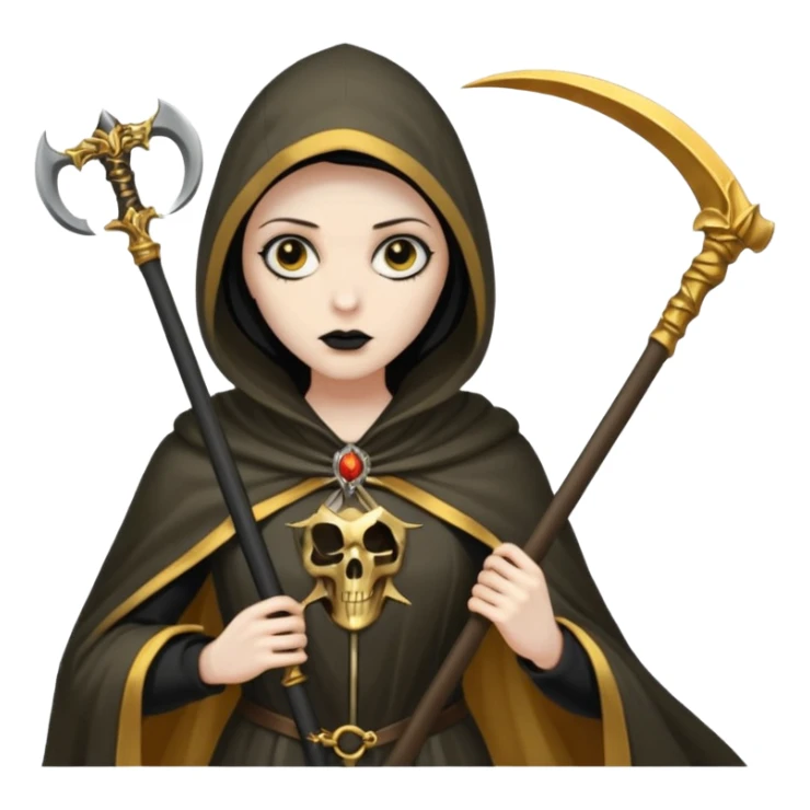 woman grim reaper in a gold cloak with scythe sticker
