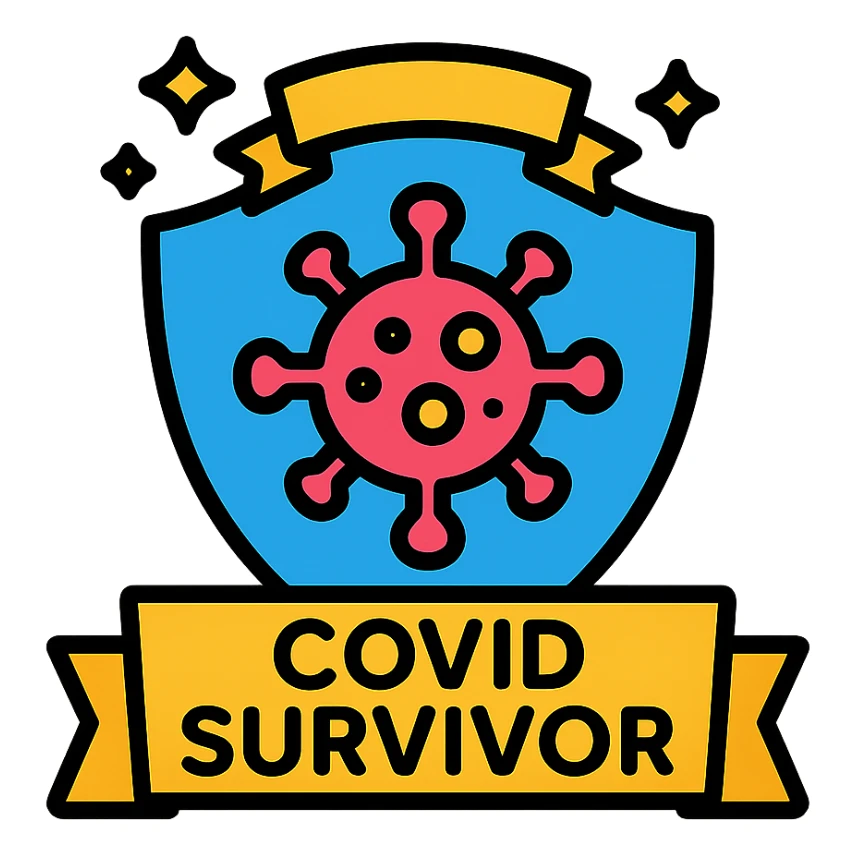 colorful badge icon with a shield and virus symbol, text 'COVID Survivor', celebratory style sticker