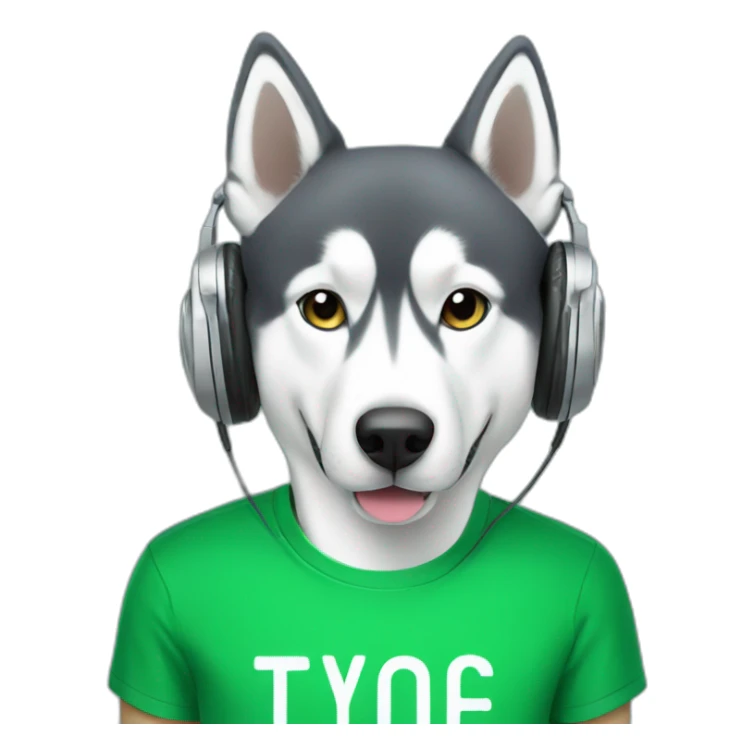 husky with headphones in a green T-shirt typing on the keyboard sticker