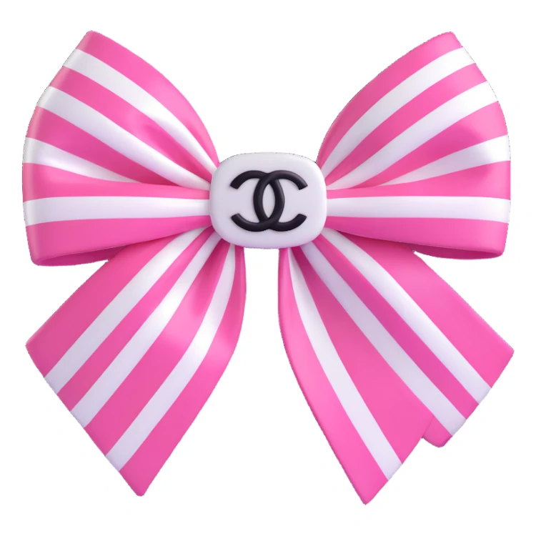 Change the bow to striped pink and white, keep the small white Chanel logo, luxurious, glossy, 3D emoji style, with no background sticker