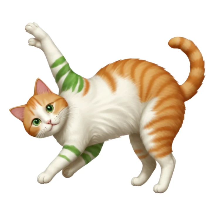 ginger and white cat with green eyes doing a big extremely long stretch reaching up into the air with arms and legs side by side together straight and overextended whilst lying on its side sticker