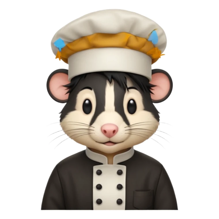 A rat with a fringe, long black hair and chefs hat sticker