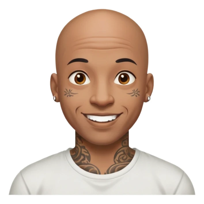 bald black man with intricate face tattoos, cheerful expression, wearing a t-shirt sticker