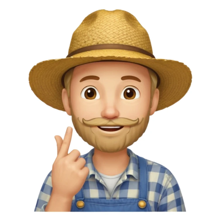 “A single emoji-style character combining 👨‍🌾😄 and 🤔: a smiling farmer man with a straw hat, friendly face, and light beard, holding one hand under his chin in a thinking gesture. His index finger rests under his face, eyes looking slightly upward as if thinking.  sticker